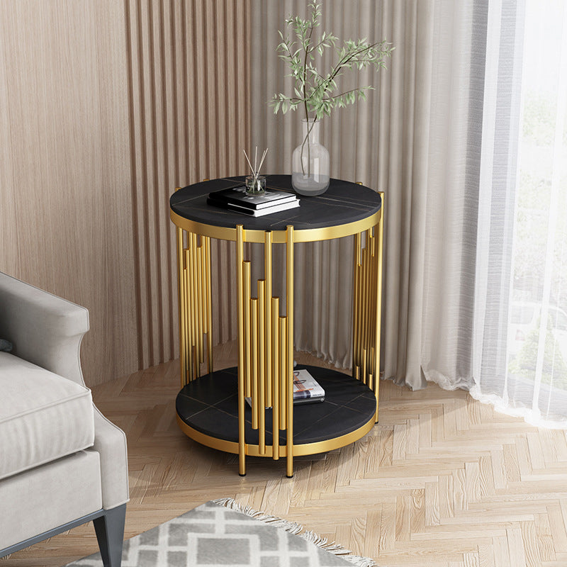 21.65" Tall Round Slate Top Side Table Iron Frame End Table with Shelf