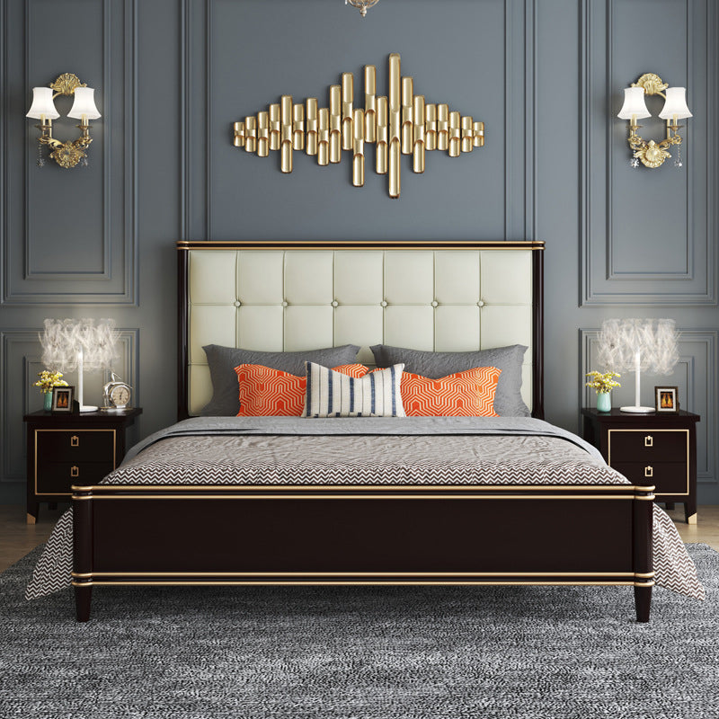 Modern Standard Bed with Tufted Upholstered Headboard and Soild Wood Legs
