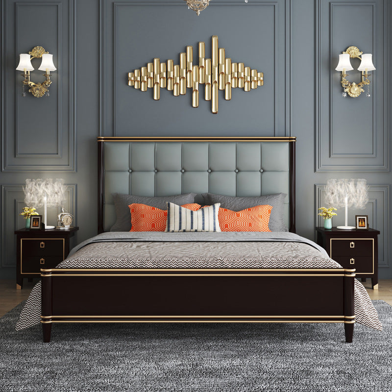Modern Standard Bed with Tufted Upholstered Headboard and Soild Wood Legs