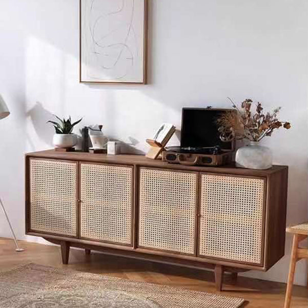 Rattan 4 Doors Buffet Server Simple Style Wood Top Kitchen Server for Living Room