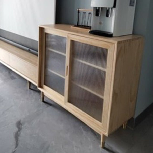 Glass Door Pine Wood Sideboard Modern Server Cabinet with Storage for Dining Room