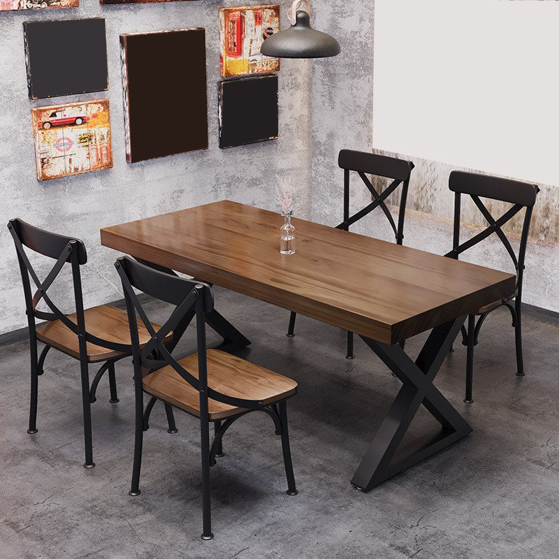 Industrial Style Dining Table Solid Wood Rectangle Table with Metal Base