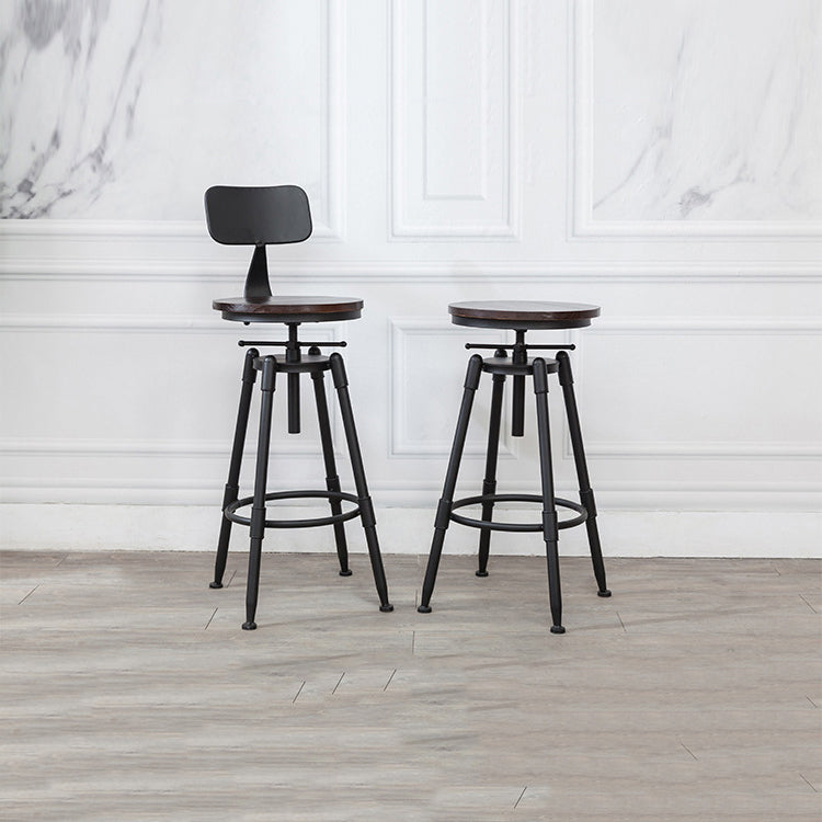 Industrial Metal Stool Wood Round Seat Adjustable Counter Stool in Matte Finish
