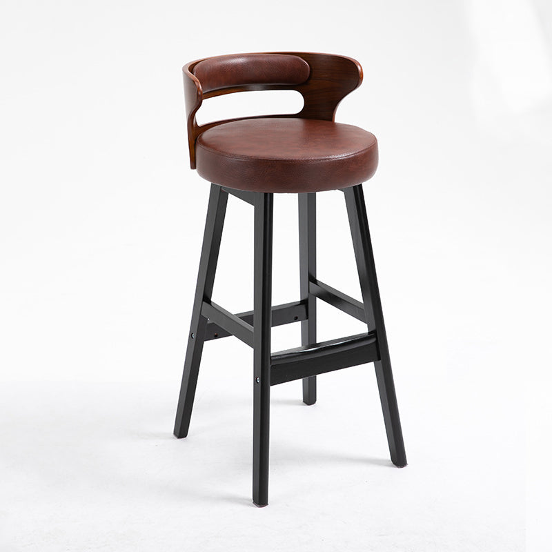 Scandinavian Wood Round Seat Stool Faux Leather Low Back Upholstered Counter Stool