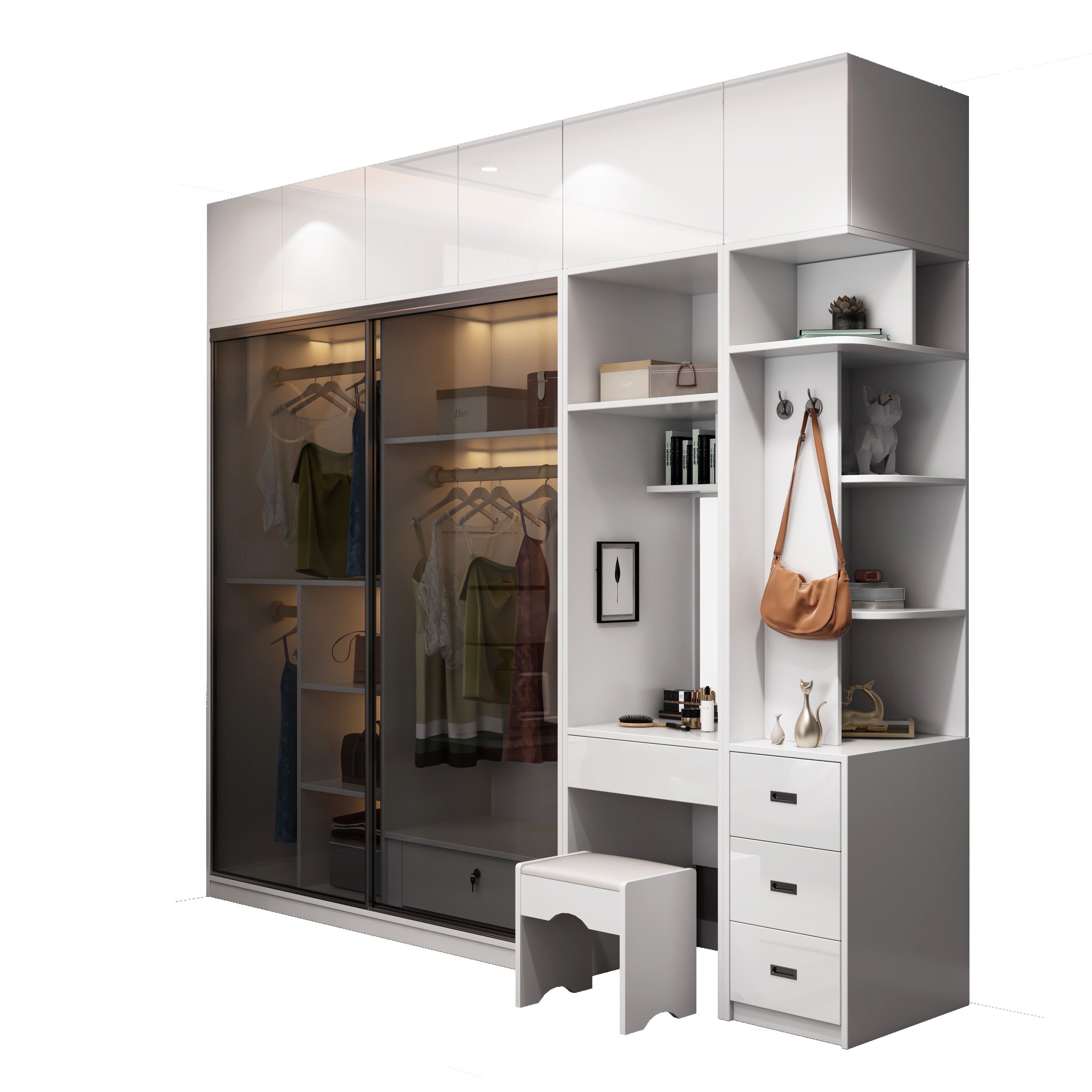 Wood and Glass Wardrobe Armoire Contemporary Sliding Wardrobe Closet