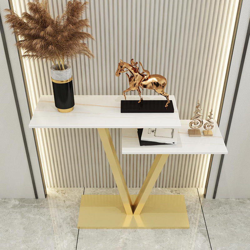 Contemporary Stone Console Sofa Table Rectangle End Table with Shelf for Hall