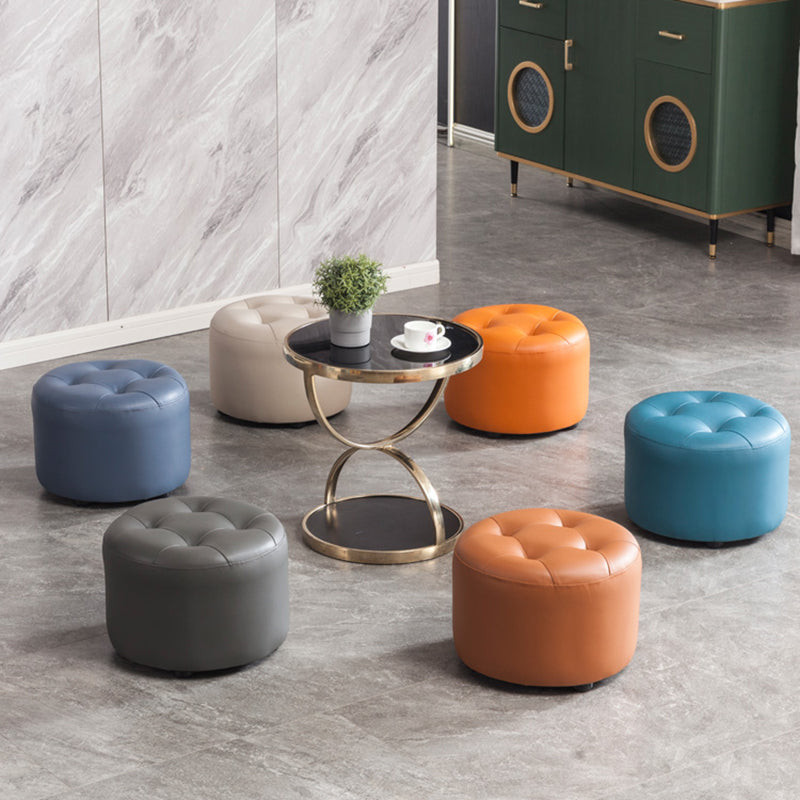 Modern Tufted Ottoman Water Resistant Genuine Leather Round Foot Stool Ottoman
