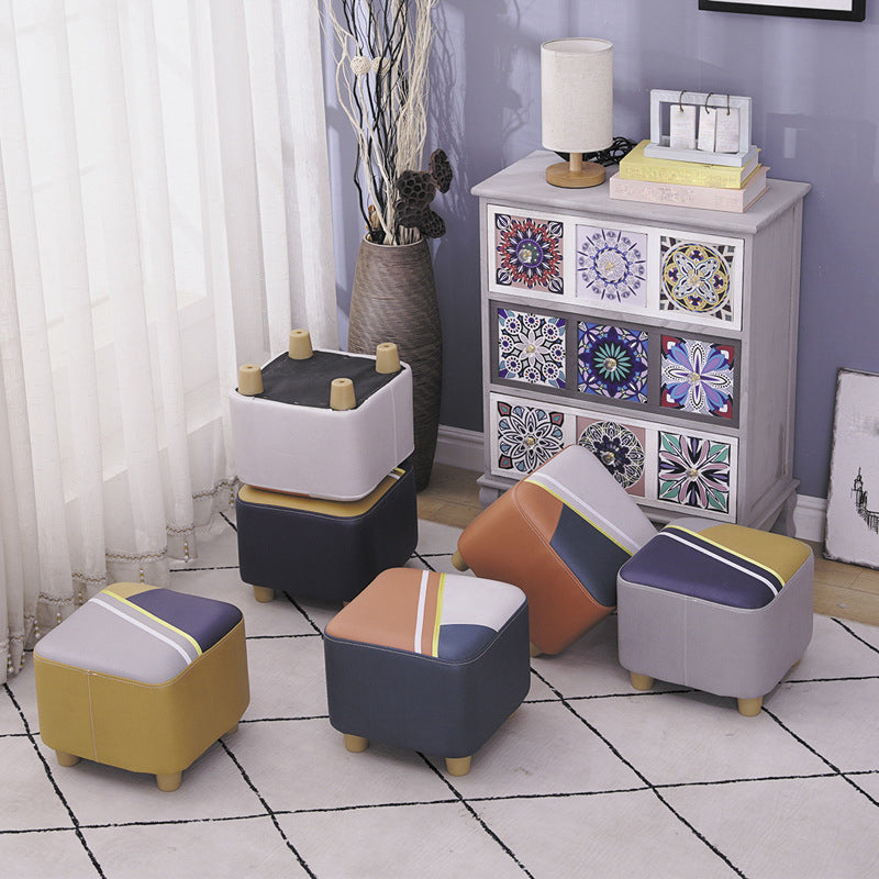 Contemporary Pouf Ottoman Fabric Upholstered Patchwork Solid Wood Frame Square Ottoman