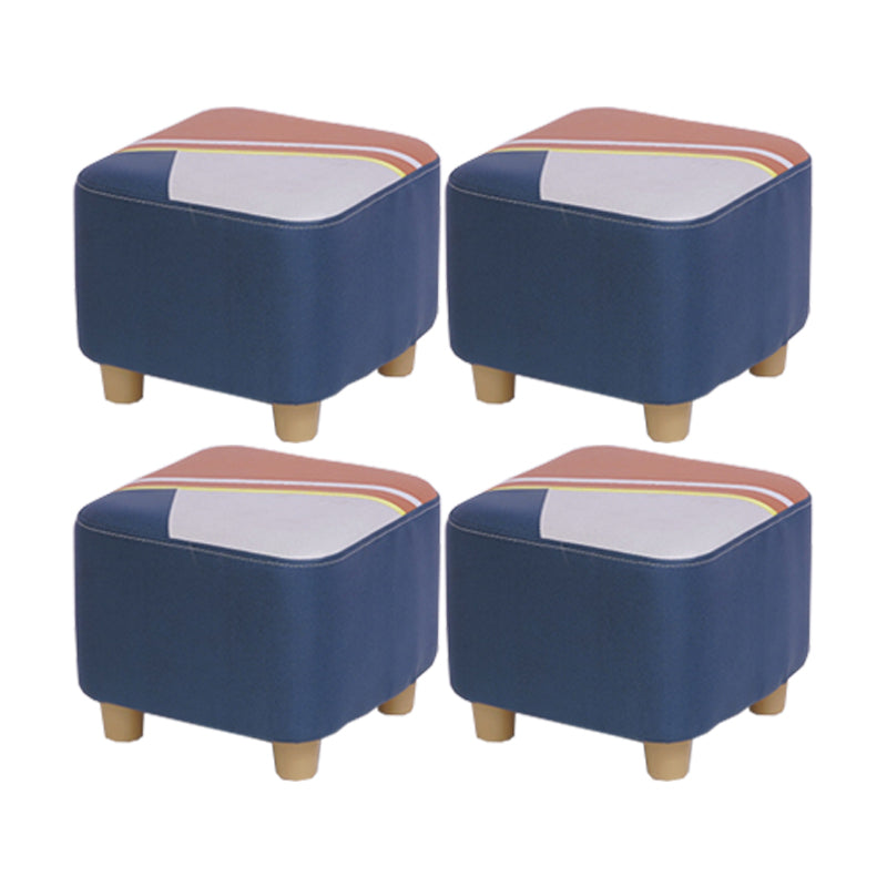 Contemporary Pouf Ottoman Fabric Upholstered Patchwork Solid Wood Frame Square Ottoman