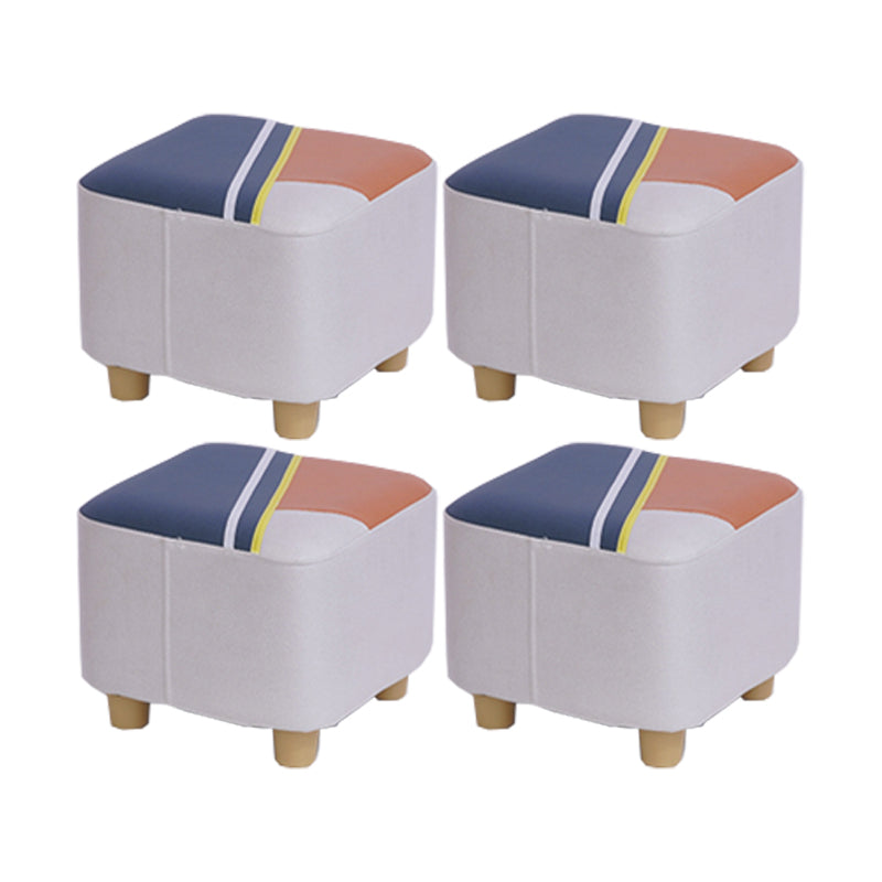 Contemporary Pouf Ottoman Fabric Upholstered Patchwork Solid Wood Frame Square Ottoman