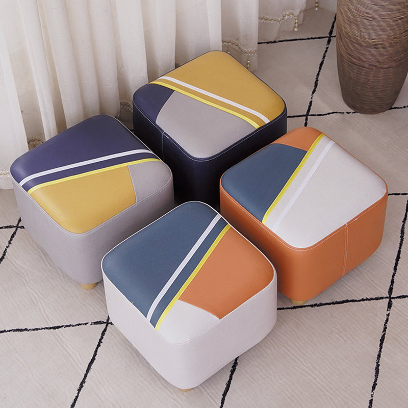 Contemporary Pouf Ottoman Fabric Upholstered Patchwork Solid Wood Frame Square Ottoman