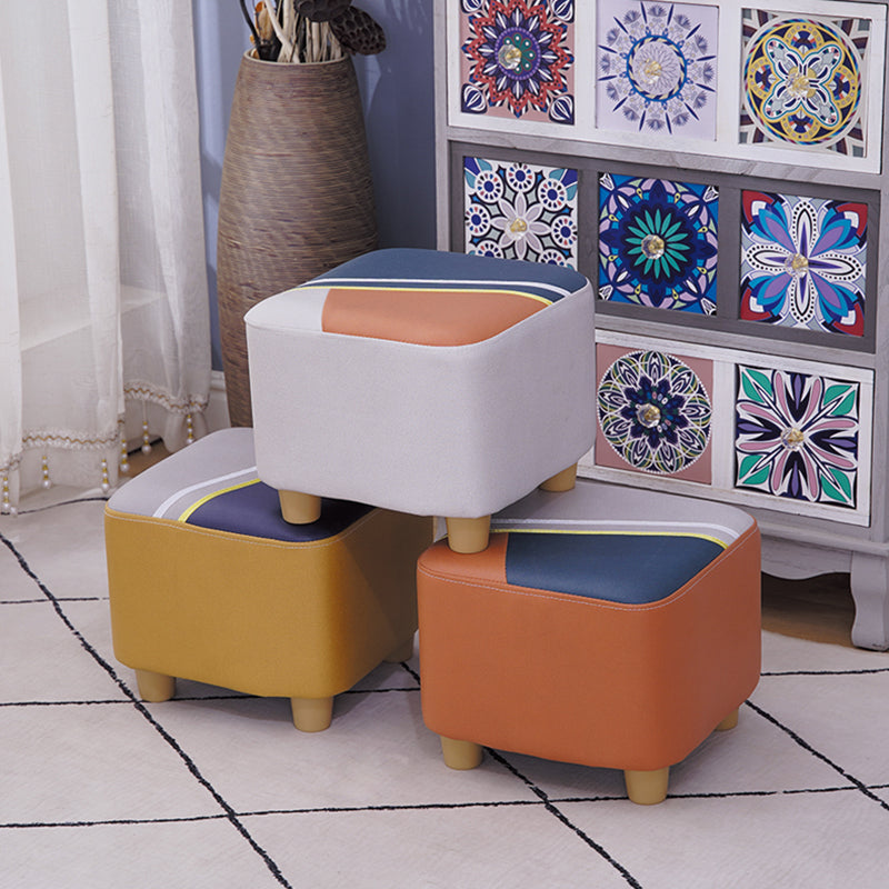 Contemporary Pouf Ottoman Fabric Upholstered Patchwork Solid Wood Frame Square Ottoman