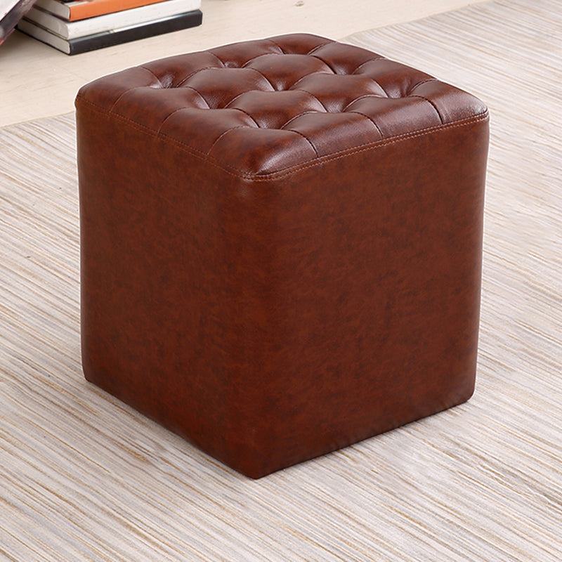 Mid-Century Modern Plain Boucle Square Pouf PU Leather Tufted Ottoman Footrest