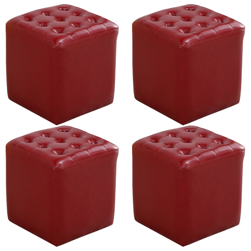 Mid-Century Modern Plain Boucle Square Pouf PU Leather Tufted Ottoman Footrest