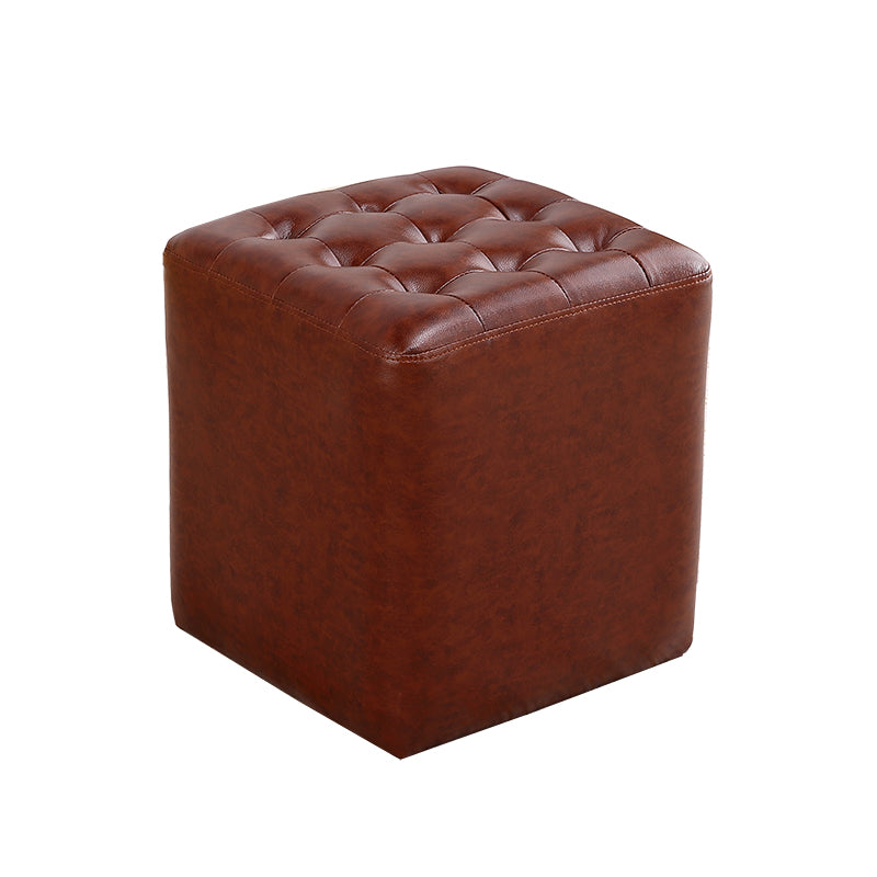Mid-Century Modern Plain Boucle Square Pouf PU Leather Tufted Ottoman Footrest
