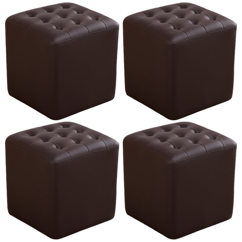 Mid-Century Modern Plain Boucle Square Pouf PU Leather Tufted Ottoman Footrest