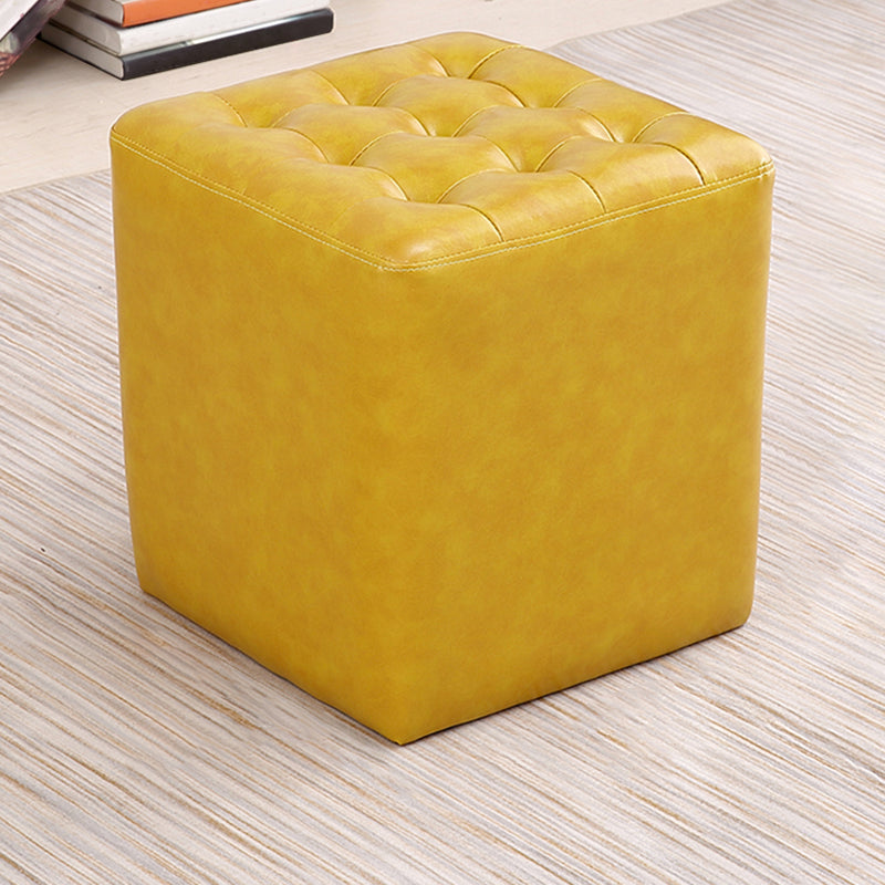 Mid-Century Modern Plain Boucle Square Pouf PU Leather Tufted Ottoman Footrest