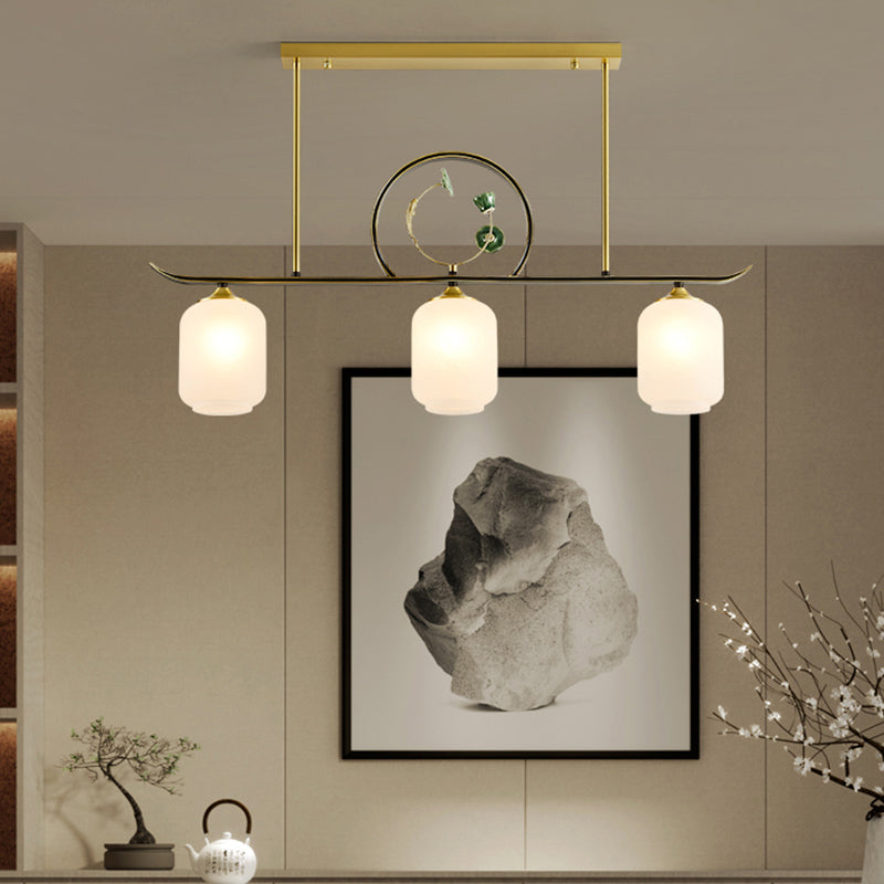 Modern Style Cylindrical Shape Island Lights White Glass 3-light Island Lighting in Gold