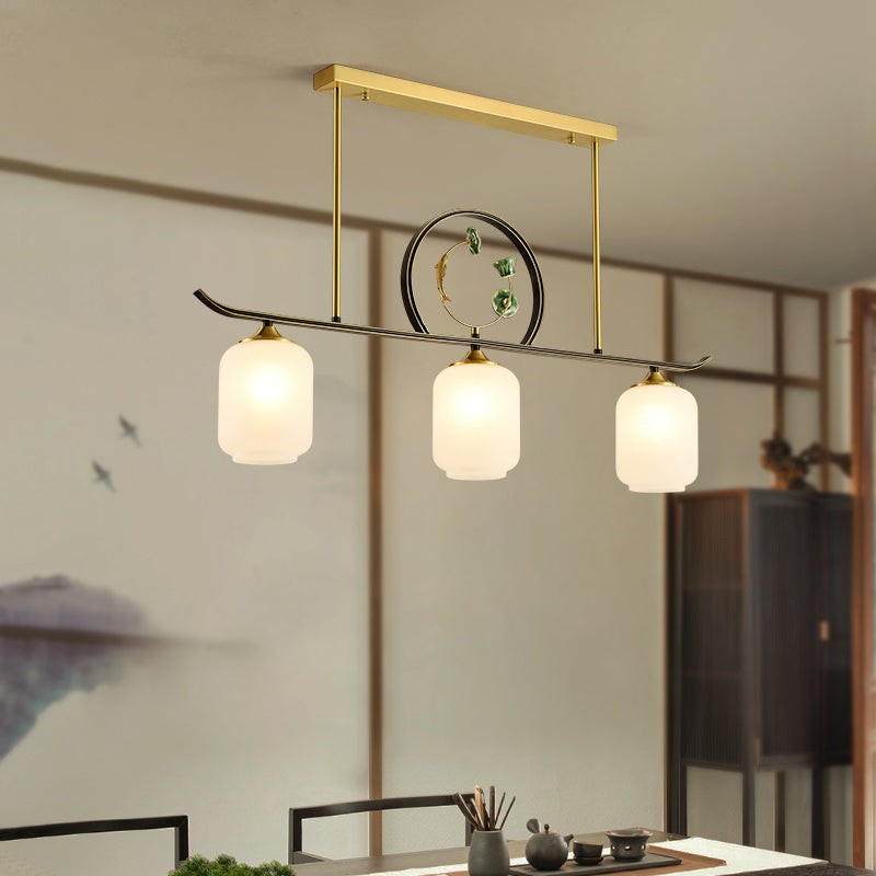 Modern Style Cylindrical Shape Island Lights White Glass 3-light Island Lighting in Gold