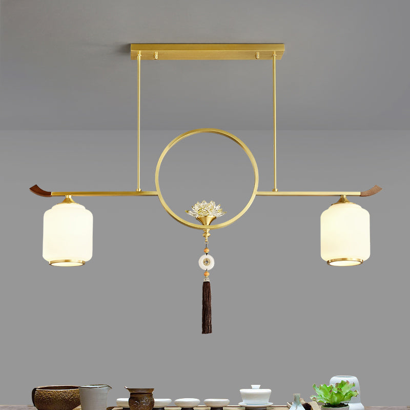 Modern Style Cylindrical Shape Island Lights White Glass 2-light Island Lighting in Gold