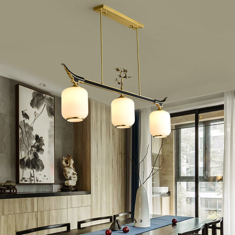 Modern Style Cylindrical Shape Island Lights White Glass 3-light Pendant Lights in Gold