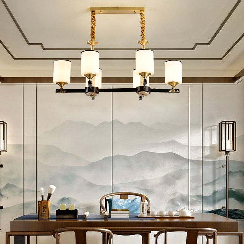 Modern Style Cylindrical Shape Island Lights White Glass 6-light Pendant Lights in Gold