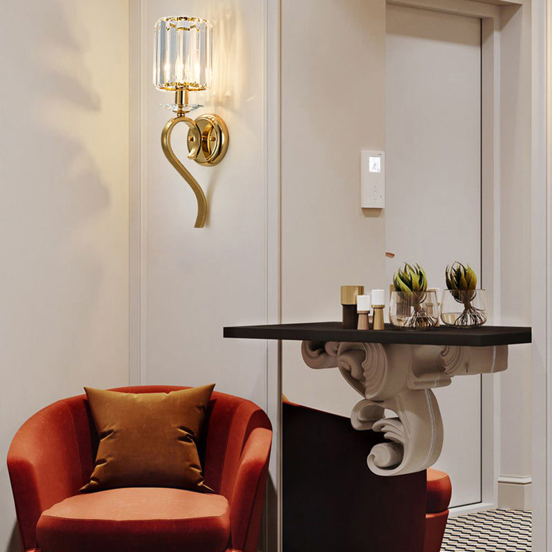 Half Cylinder Shade Crystal Wall Sconce Modern Style 1 Light Wall Mounted Light in Gold