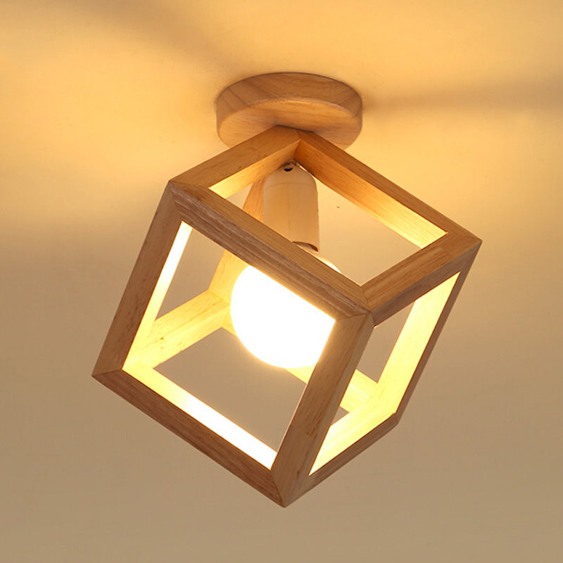 Contemporary Cube Flush Light Fixture Wood 1 Light Flush Mount Ceiling Fixture in Brown