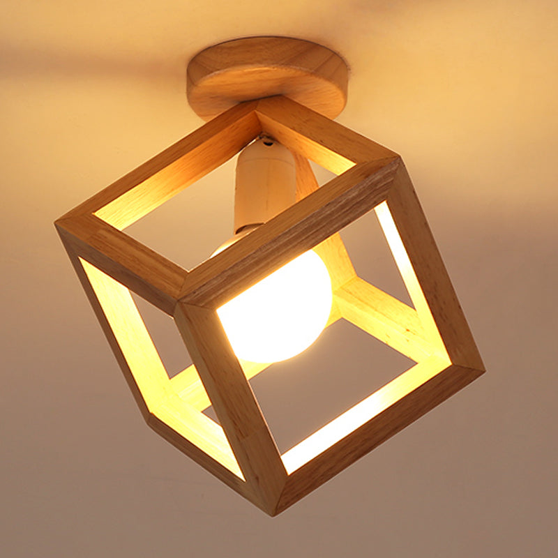 Contemporary Cube Flush Light Fixture Wood 1 Light Flush Mount Ceiling Fixture in Brown