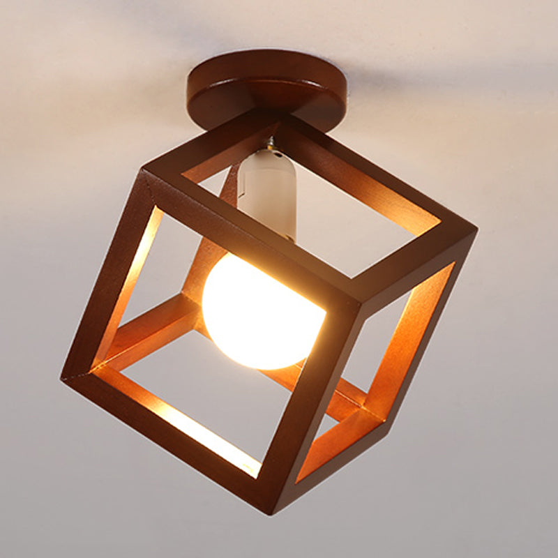 Contemporary Cube Flush Light Fixture Wood 1 Light Flush Mount Ceiling Fixture in Brown