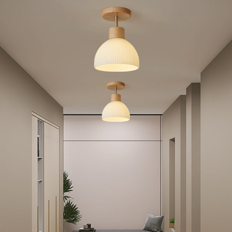 Contemporary Dome Flush Light Fixture Wood 1 Light Flush Mount Ceiling Fixture in Brown