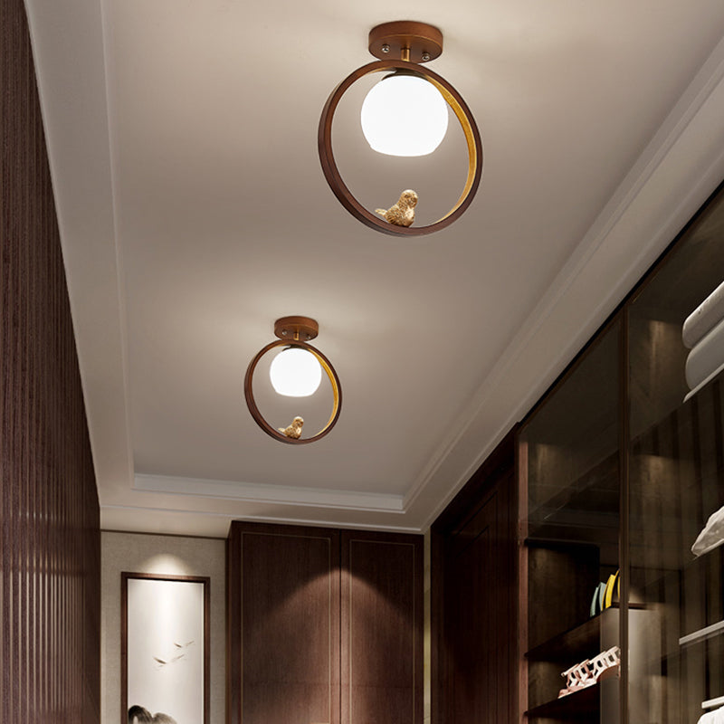 Round Shape Ceiling Lamp Modern Wood 1 Light Flush Mount with Glass Lampshade for Aisle