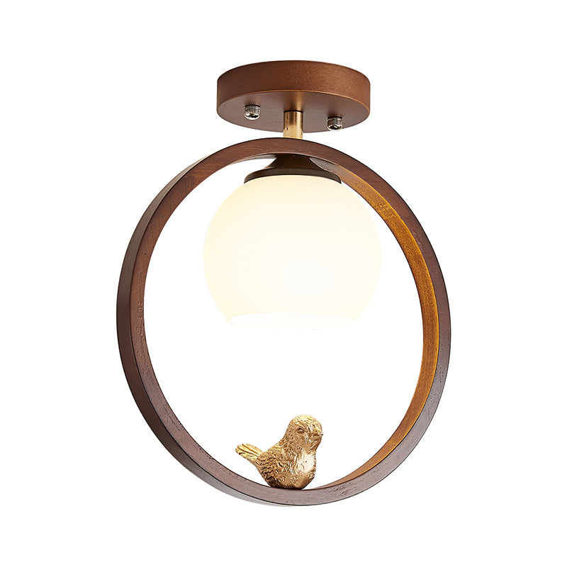 Round Shape Ceiling Lamp Modern Wood 1 Light Flush Mount with Glass Lampshade for Aisle