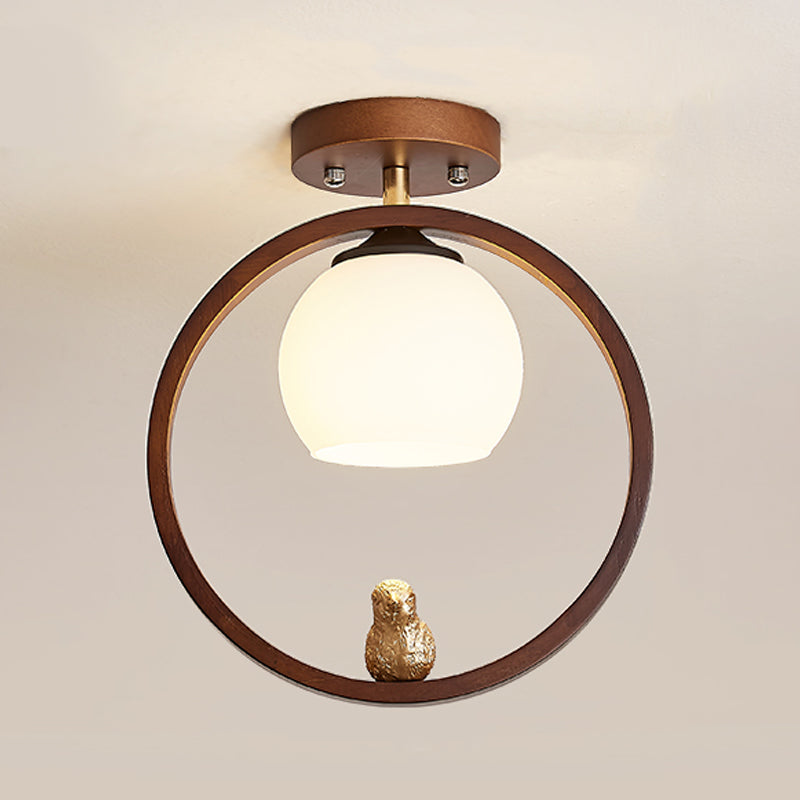 Round Shape Ceiling Lamp Modern Wood 1 Light Flush Mount with Glass Lampshade for Aisle