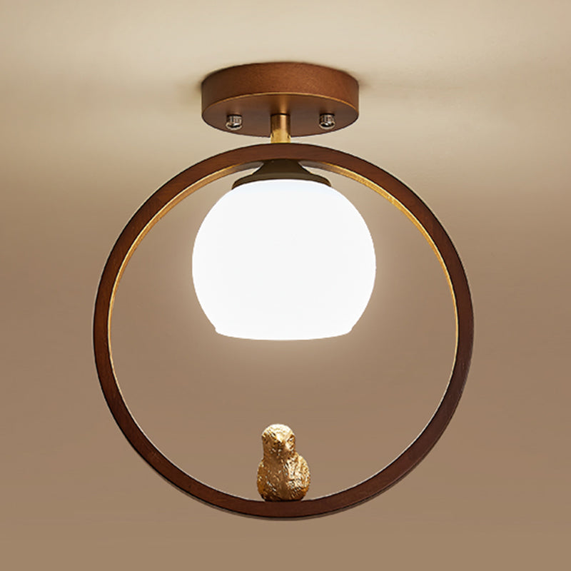 Round Shape Ceiling Lamp Modern Wood 1 Light Flush Mount with Glass Lampshade for Aisle