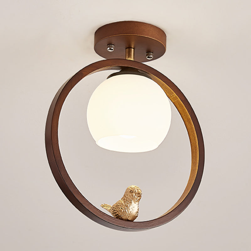 Round Shape Ceiling Lamp Modern Wood 1 Light Flush Mount with Glass Lampshade for Aisle