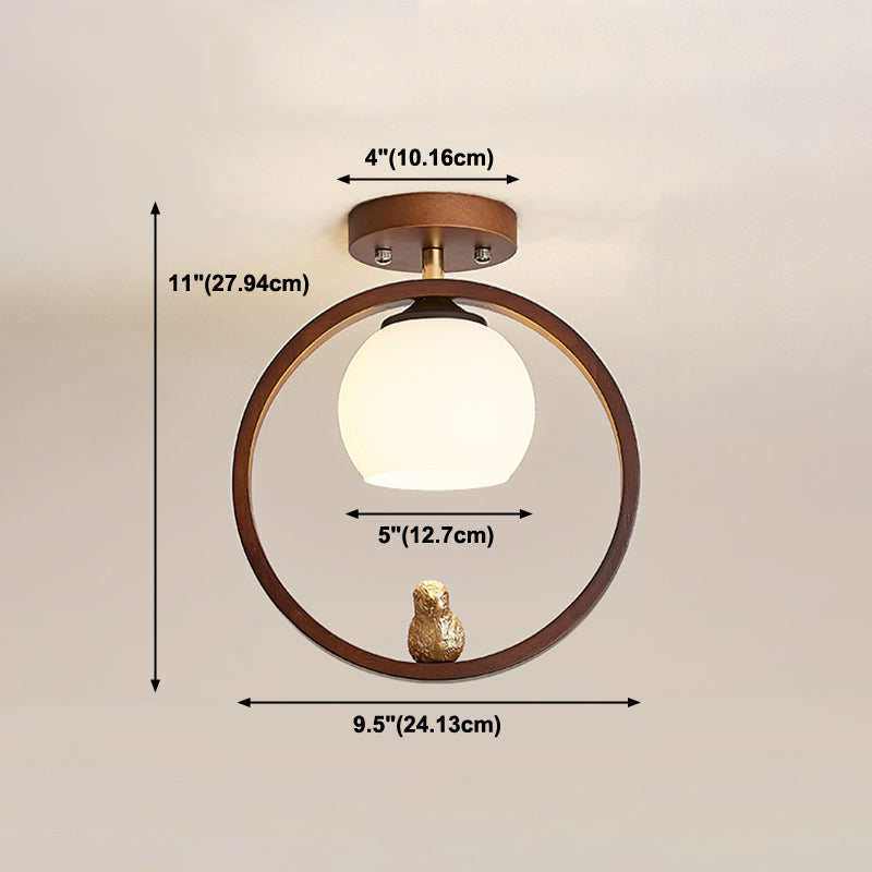 Round Shape Ceiling Lamp Modern Wood 1 Light Flush Mount with Glass Lampshade for Aisle