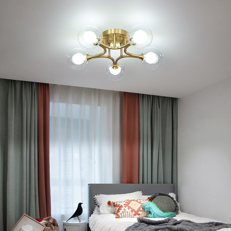 Sphere Bedroom Semi Flush Mount Light Glass Nordic Style Ceiling Light in Gold