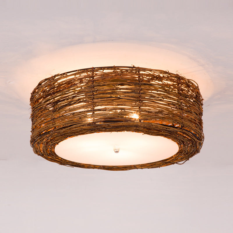 Brown Drum Flush Mount Fixture Asia Style Rattan Flush Mount Lamp