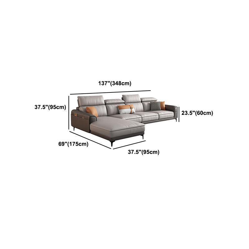 Faux Leather Square Arm Sectionals, 137" L Sectional Grey With Cushions Metal Legs