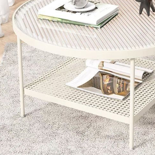 Modern Glass Top Cocktail Table with 4 Steel Legs and Storage Shelf