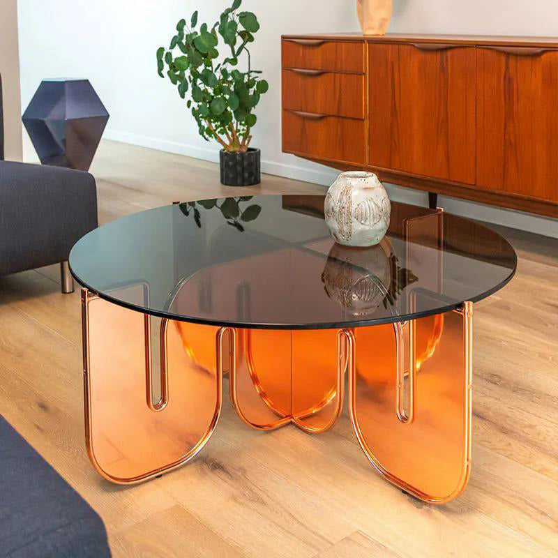 Round Glass Top Coffee Table with Cross Acrylic Base Cocktail Table