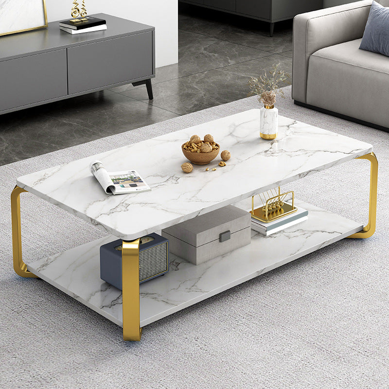 Glam Frame Coffee Table Slate Rectangular Cocktail Table with Storage Shelf