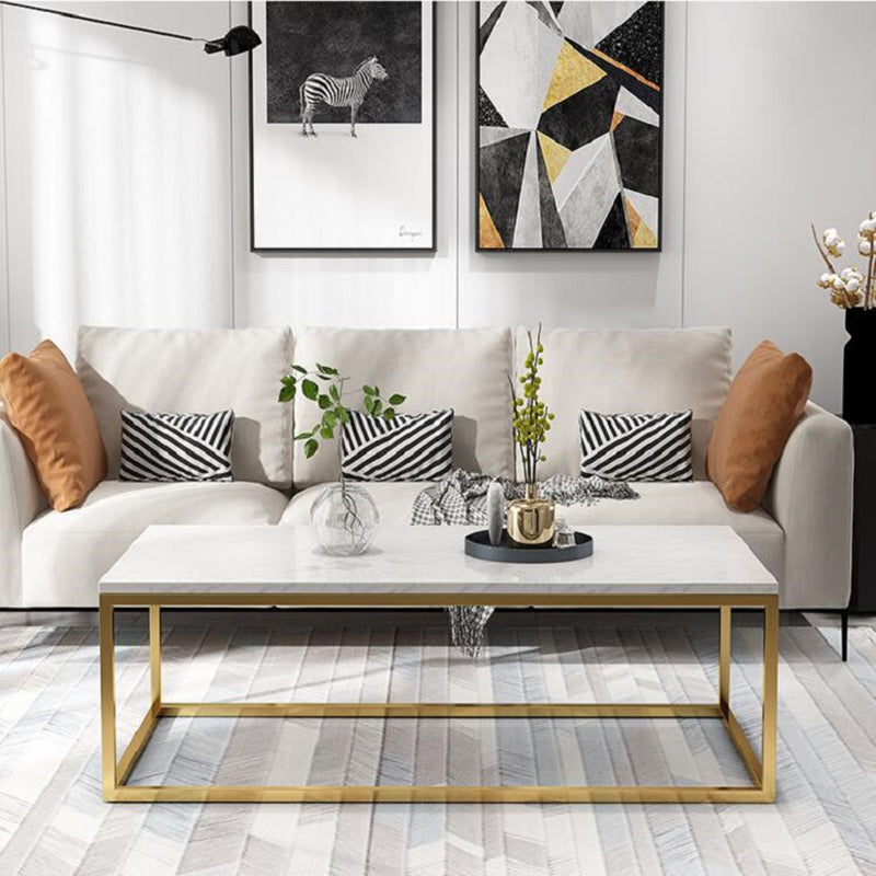 Glam Rectangle Coffee Table with White Marble Top and Iron Frame