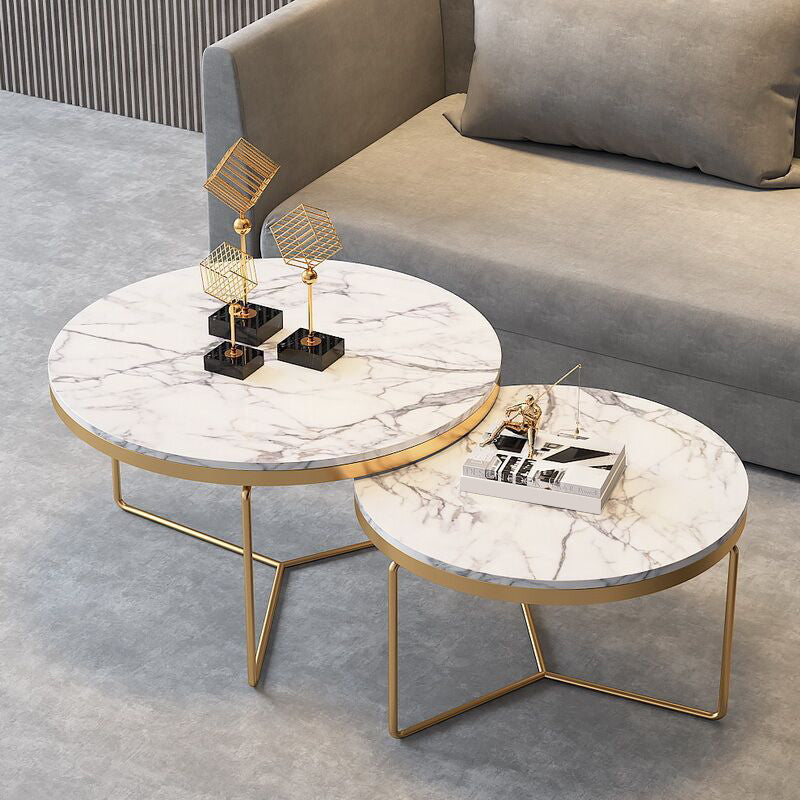 Round Coffee Table Set with Golden Iron X-Base and Marble Top