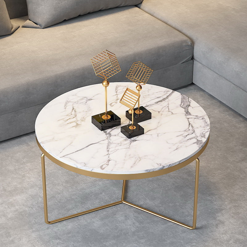 Round Coffee Table Set with Golden Iron X-Base and Marble Top