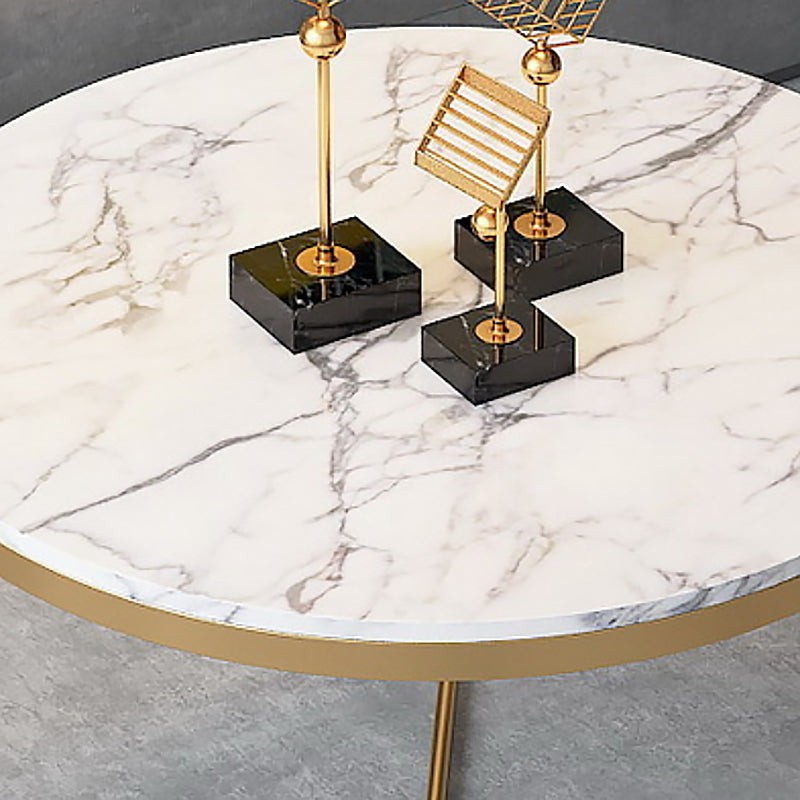Round Coffee Table Set with Golden Iron X-Base and Marble Top