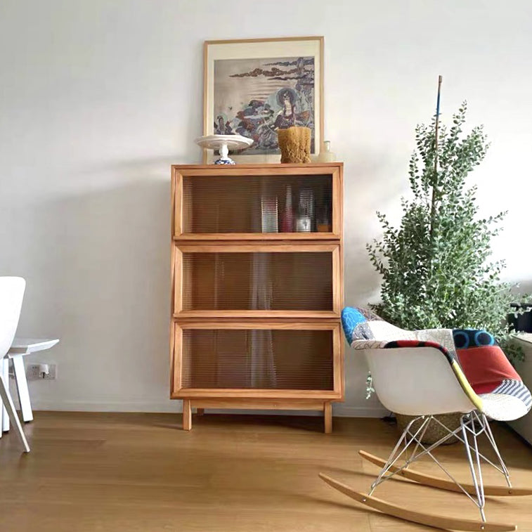 Glass Door Pine Wood Sideboard Modern Server Cabinet with Storage for Kitchen