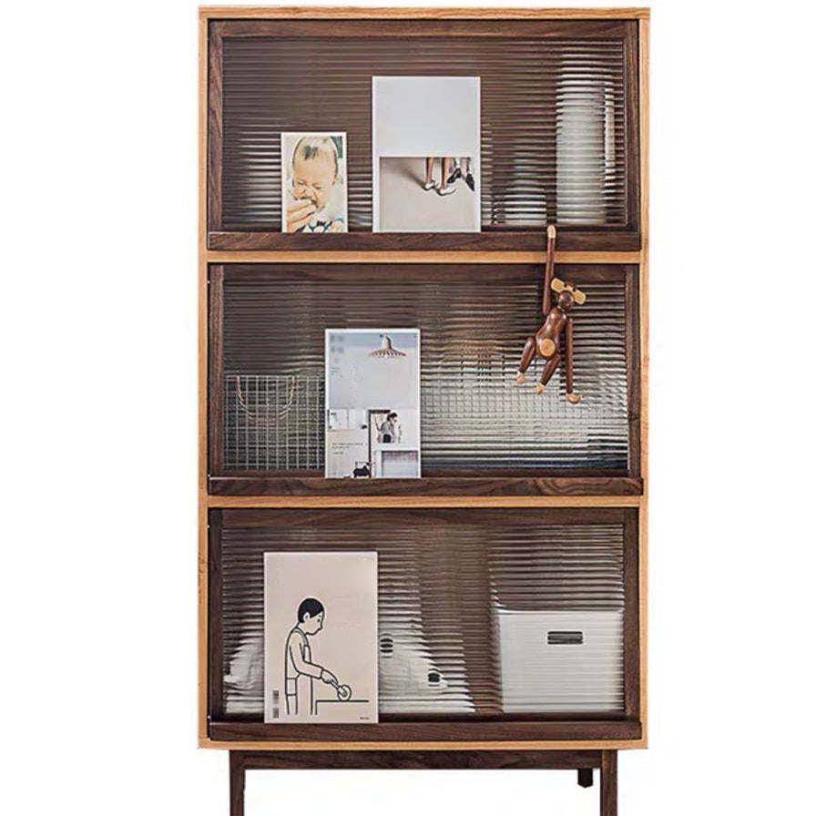 Glass Door Pine Wood Sideboard Modern Server Cabinet with Storage for Kitchen