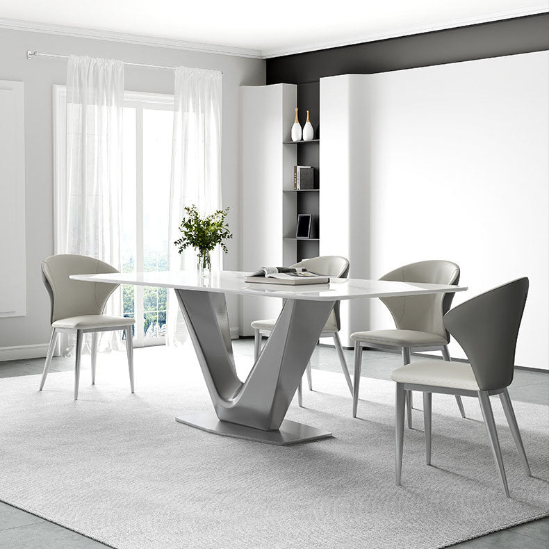 Grey Metal Pedestal Base Table Rectangle Sintered Stone Top Dining Table
